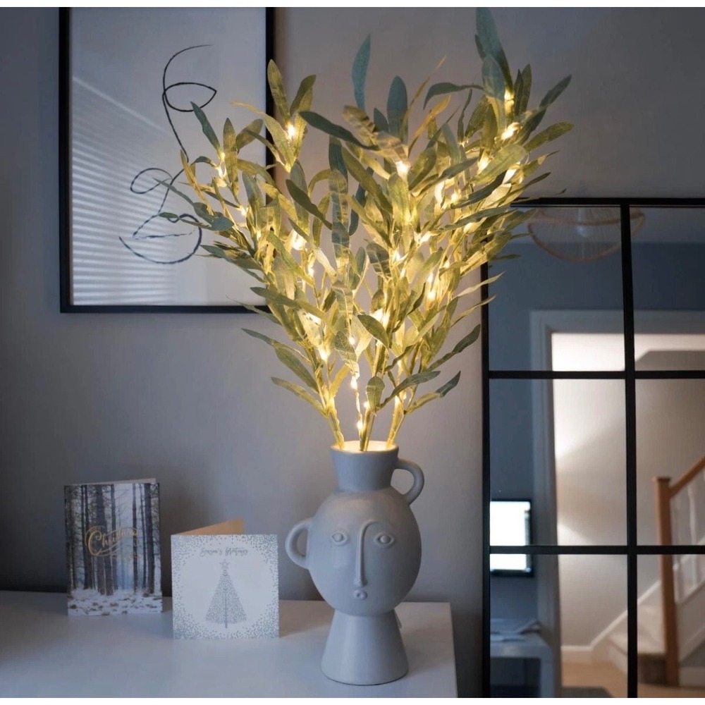 6 x 65cm Battery LED Lit Olive Leaf Twig Branch Decorative Indoor Foliage Lights